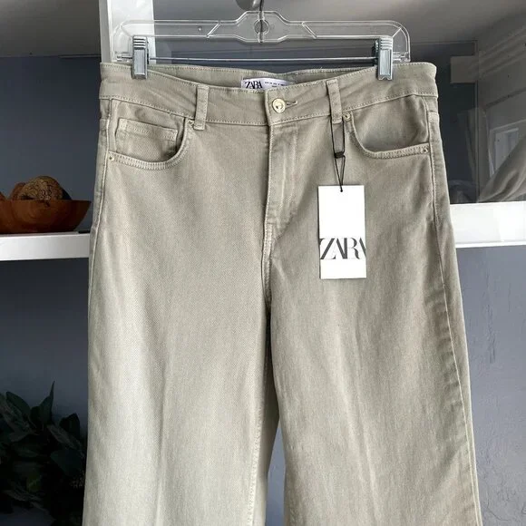 Zara High Rise Flare Fit Jeans Light Khaki - Picture 5 of 10